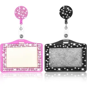 2 count Bling ID Badge Holder Horizontal Badge Holder Retractable Clip Rhinestone Name Badge Holders Cute ID Badge Holder for Students  Doctors Office Employees (Black+)
