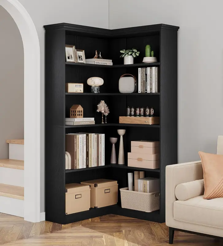 GARVEE 72.8'' Farmhouse L-Shaped Corner Bookcase - Tall 5-Tier Wood Storage Shelf for Living Room, Bedroom,(Black,Full Panel)