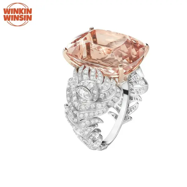 Luxury Brand 925 Sterling Silver Rings For Woman Feather Carbon Diamond Synthetic Morganite Gemstones Ring Jewelry