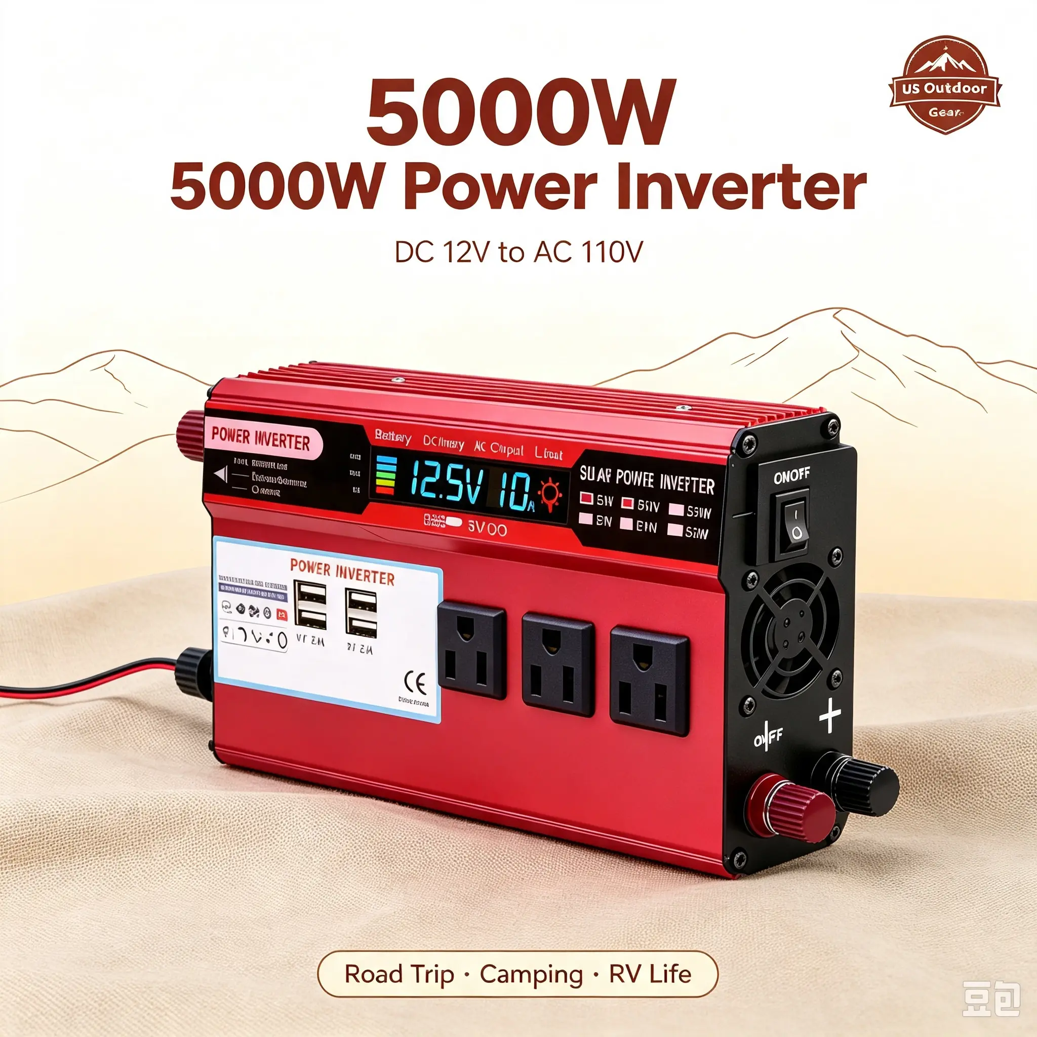 Portable Power Converter Auto Inverter 5000W DC12V to AC110V Outdoor Self-Driving Camping RV Accessory for Travelers Truck Drivers Camper Owners Multi AC Outlets LED Voltage Real-time Monitor Silent Heat Dissipation