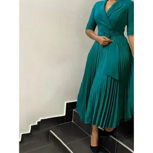 Women'sPlainPleatedBeltedALineDress,Elegant3/4SleeveLapelNeckZipperBackLongDressFormalDressforWorkOfficeBusiness,LadiesClothesBusinessDressforAllSeasons