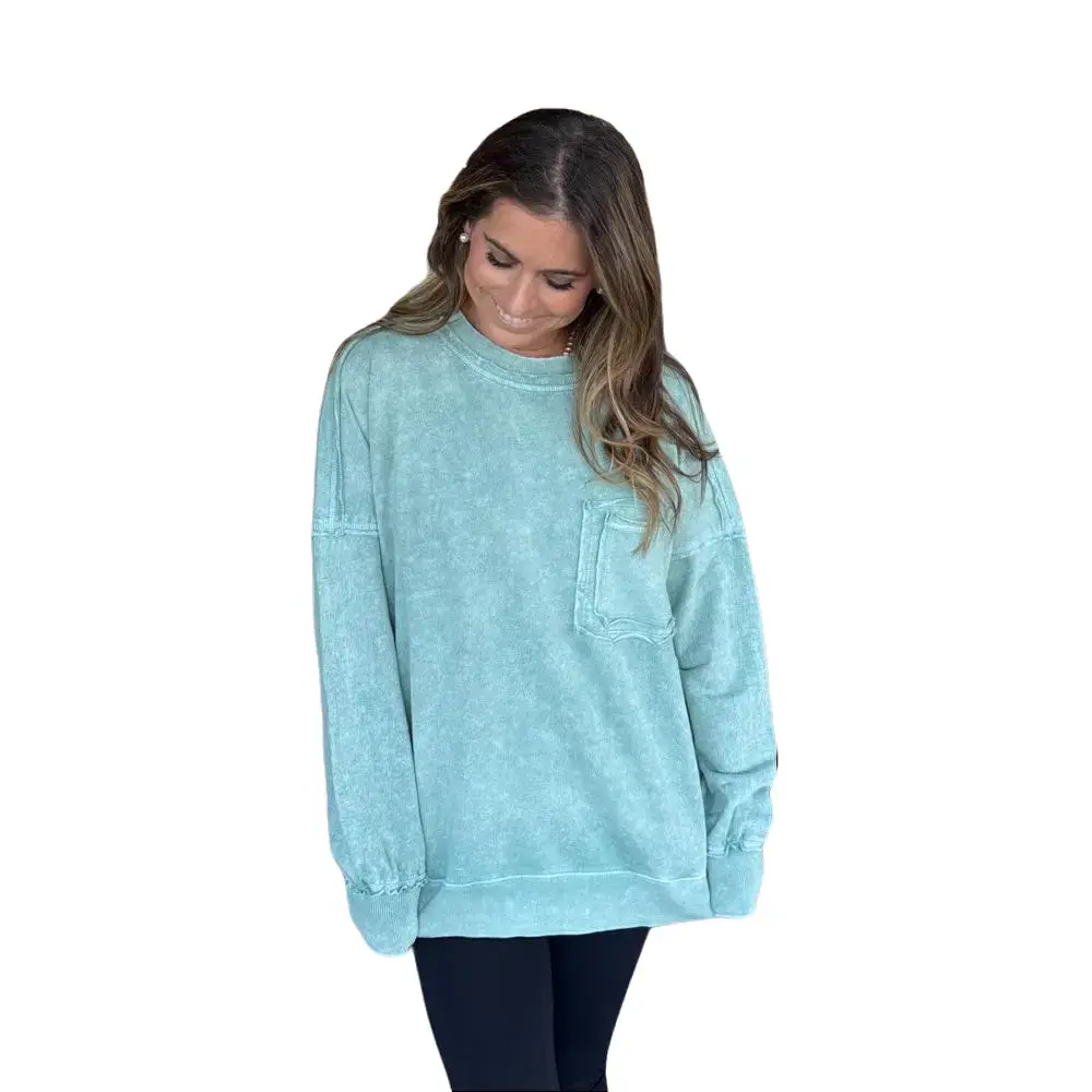 Zenana Women's Casual Acid Wash French Terry Pullover Top - Long Sleeve, Round Neck with Raw Edge and Front Pocket, Sweatshirts, Raw Hem, Clothes