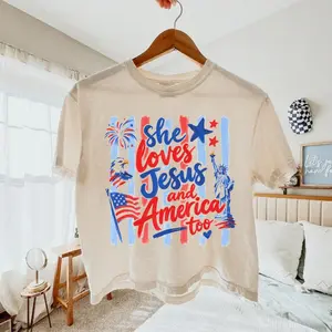 Patriotic Christian Boxy Tee, One Nation Under God Shirt, Distressed USA Flag Fourth of July Crop Top