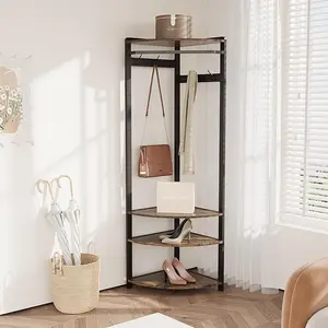 Coat Rack Stand Corner Hall Tree With Shoe Bench 6 Hooks and Storage Shelf Freestanding Coat Rack Coat Stand With 3 Shelves Shoe Bench Coat Tree for Entryway, Living Room