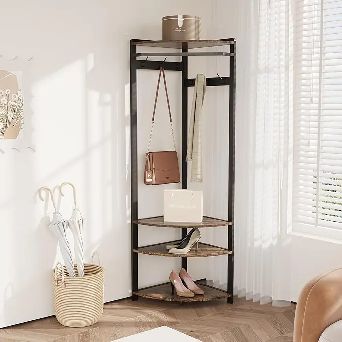 Coat Rack Stand Corner Hall Tree With Shoe Bench 6 Hooks and Storage Shelf Freestanding Coat Rack Coat Stand With 3 Shelves Shoe Bench Coat Tree for Entryway, Living Room