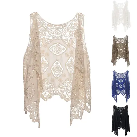 UANEO Women Open Stitch Cardigan Boho Sleeveless Hippie Summer Hollow Out Solid Crochet Vest