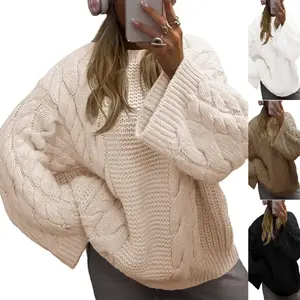 Womens Oversized Cable Knit Long Sleeve Crewneck Casual Fall Chunky Pullover Vintage Loose Fit Sweater Tops