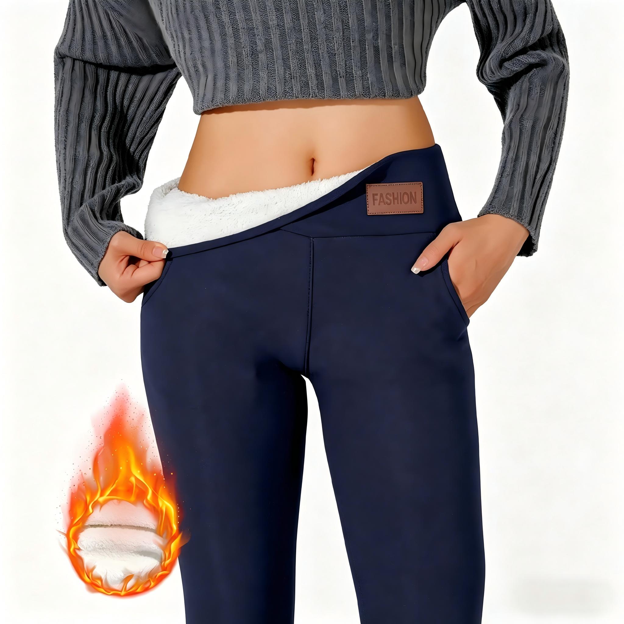 Warm Long Fleece Lined High Waisted Leggings Casual Elastic Pocket Pants Sporty Style All Seasons Plain Pattern Minimalist Womenswear