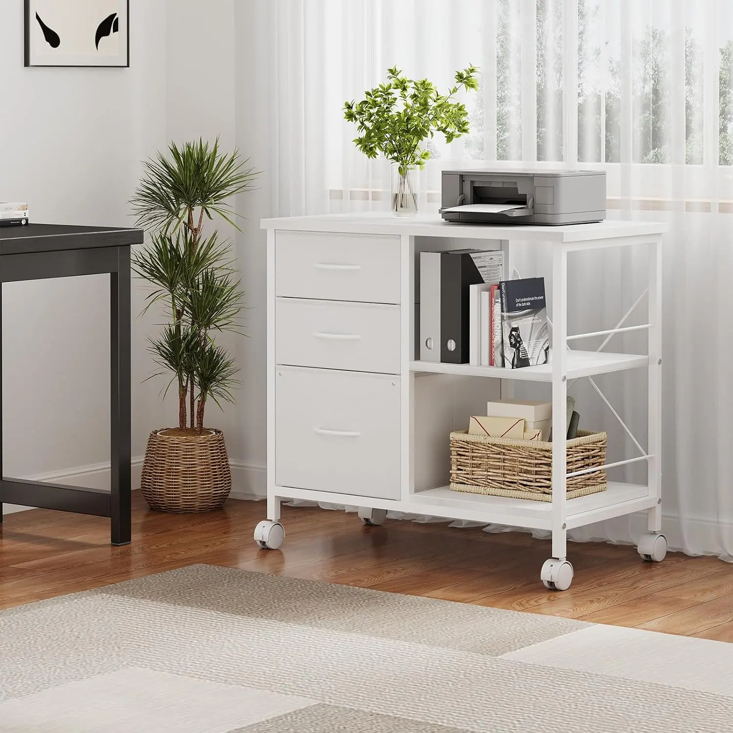 3 Drawer File Cabinet with Wheels Rolling Printer Stand with Open Storage Shelf Fabric Lateral Filing Cabinet for Home Office