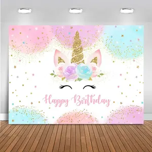 Unicorn Birthday Decorations Backdrop for  Party 6x4ft Pastel Rainbow Glitter Stars Dots Happy Birthday Banner Photo Booth Props