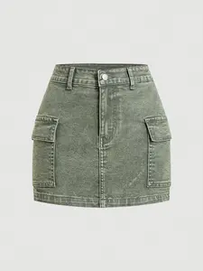 Women's High Waist Elastic Denim Mini Skirt Fit, Fitted, Versatile Pocket Design, Basic Casual Elegant Style, Perfect Summer Choice, Jean Skirt