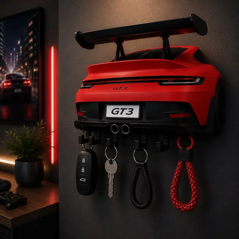 GT3 Style 3D Printed Plastic Key Organizer - 5-Hook Car-Shaped Wall Decor with Shelves, Durable Lightweight Space Saver, Easy-Install Home Supply to Elevate Your Space for Car Enthusiasts