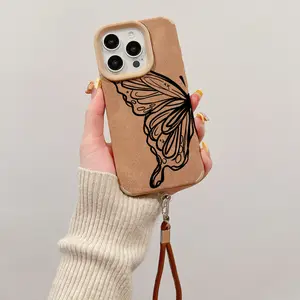 Butterfly Wings Pattern Lanyard Luxury Matte Lambskin Faux Leather Phone Case Soft Case for iPhone 16 15 14 Pro Max 13 12 11 XR XS Plus Shockproof Drop Protection Rugged Durable Silicone Cover