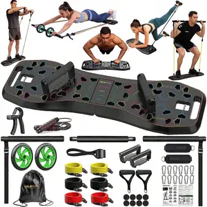 OUTPEAK Portable Home Gym System: Large Compact Push Up Board, Pilates Bar & 20 Fitness Accessories with Resistance Bands & Ab Roller Wheel - Full Body Workout for Men and Women, Gift for Boyfriend