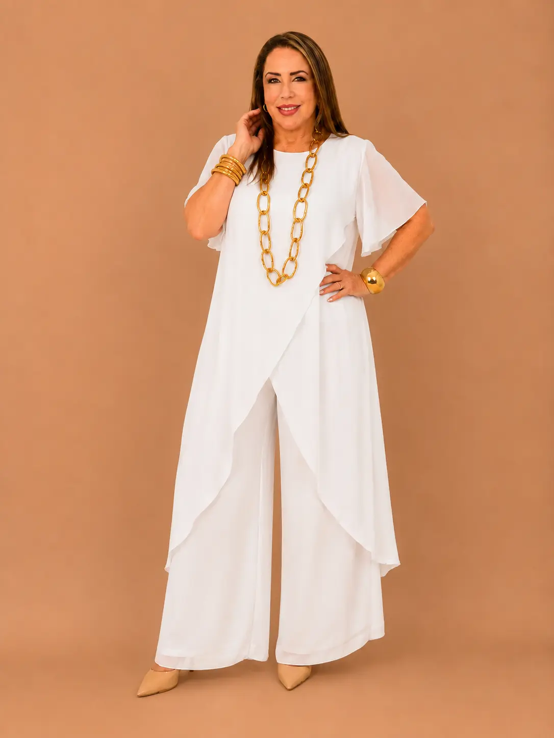 Women's 2-Piece Elegant Silk Pants & Top Set - Long Blouse and High-Waisted Pants (for Formal Occasions)