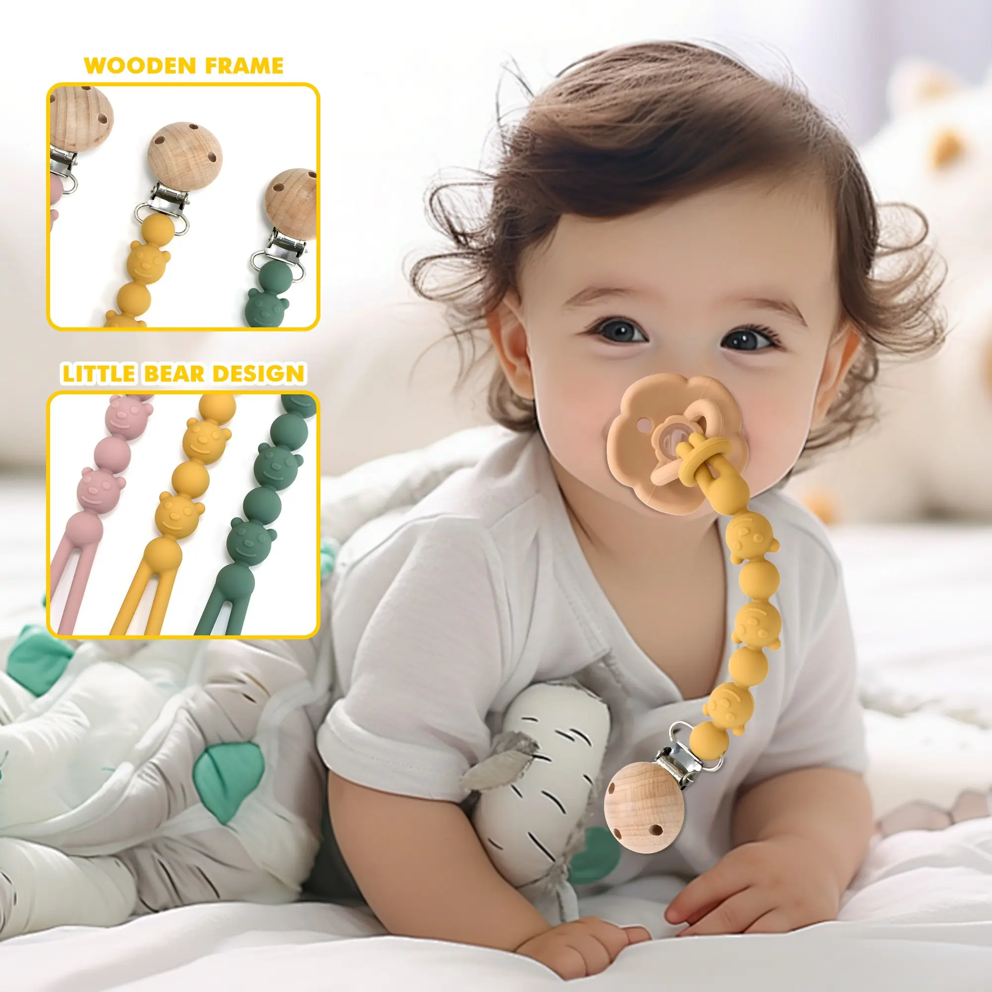 Unique Cute Bear-Shaped Pacifier Chain, Anti-Drop Toy Holder, Flexible Pacifier Clip, Teething Toys Drop-Proof Chain, Newborn Sensory Teether, Gifts, Nursery, Care