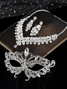 Rhinestone Decorated Mask & Necklace & Earrings Set, Fashion Wedding Bridal Party Costume Dress Prom Jewelry Set, Elegant Wedding Accessories, Jewellery