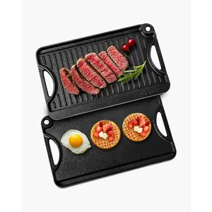 VEVOR  Reversible Grill/Griddle, 14x8.5 inch Pre-Seasoned Cast Iron Griddle, Portable Rectangular Pan with Handle, Family Cookware for Indoor/Outdoor Stove Top Burner, Gas, Camping BBQ, Black