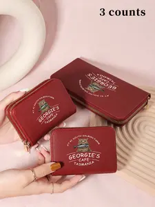 Fashionable Cat Bites Fish Pattern Wallet Sets, Lightweight Multi Slot Women's Card Bag, Portable Phone Wallet with Zipper Around