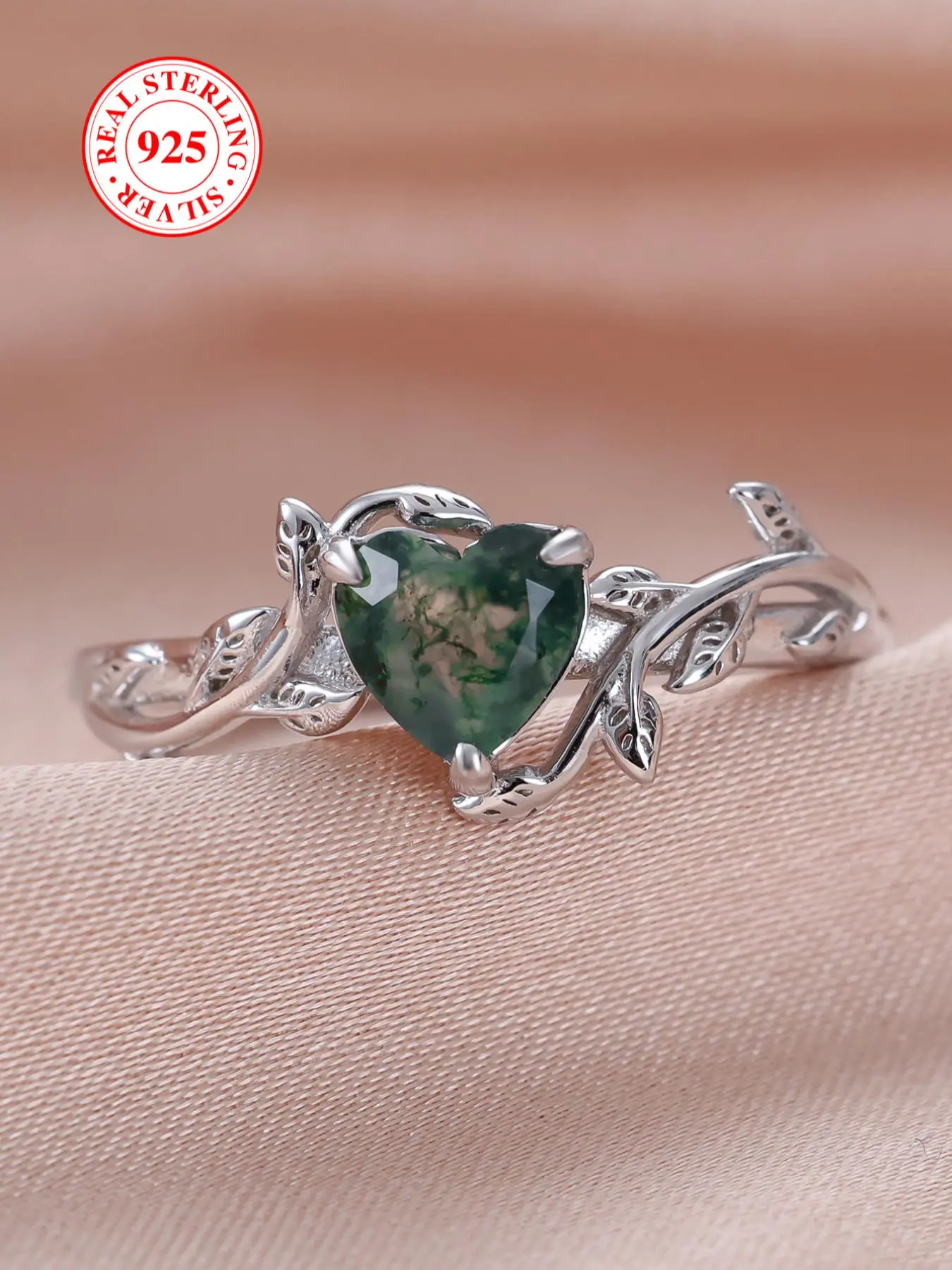 S925 Sterling Silver Heart Shaped Green Moss Agate Decor Ring, Fashion Jewelry for Party, Daily Clothing Decor, Elegant Everyday Ring, Trendy All-match & Exquisite Jewelry for Birthday Gift, Heart Design Ring, Beautiful Rings