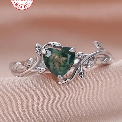 S925 Sterling Silver Heart-Shaped Green Moss Agate Decor Ring, Fashion Jewelry for Party, Daily Clothing Decor, Elegant Everyday Ring, Trendy All-match & Exquisite Jewelry for Birthday Gift, Beautiful Rings
