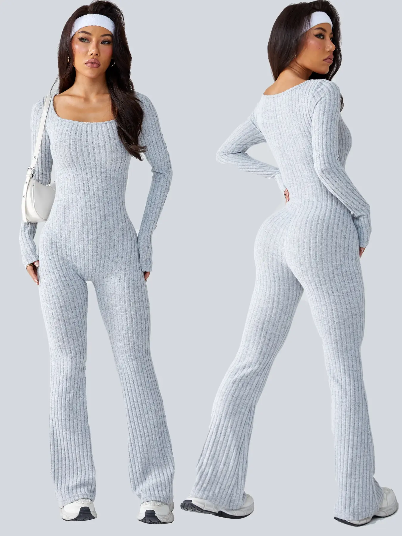 Seamless Knitted Yoga Jumpsuit for Women, U-Neck Long Sleeve, Slim Fit Short Leggings, Casual Fashion Clothing for All Seasons, Sporty Comfy Jumpsuit, Plain Jumpsuits