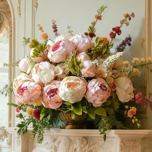 13-Stem | 18-Inch Artificial Champagne Vintage Peony Flowers - Realistic Touch Blooms for Home Decor and Event Decoration - Holiday Decorative Flowers