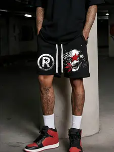 Summer Men's Drawstring Waist Logo Shorts, Skull Star Print, Casual Outdoor Sports Gym Home Leisure, Plain Pattern, All Seasons