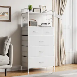 Narrow 5-Drawer Fabric Storage Dresser – Sturdy Metal Frame, 2 Open Shelves, 4 Hooks – Slim Chest Organizer for Bedroom, Nursery, Entryway, Small Spaces