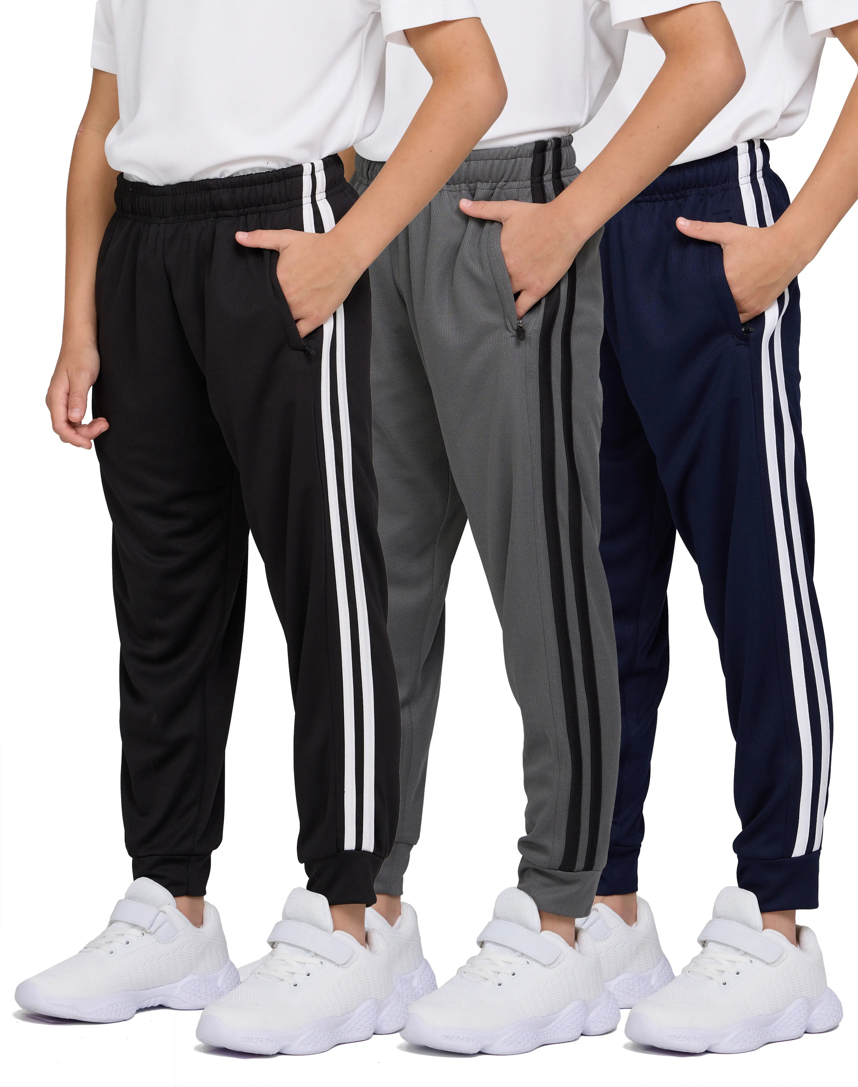 PURE CHAMP Boys' 3-Pack High Fitted Striped Mesh Joggers - Lightweight, Quick-Drying, Breathable 4-Way Stretch Athleisure Bottoms with Zipper Pockets, Adjustable Drawstring Elastic Waistband, Cuffed Fit, Durable Fabric for School, Sports, Ankle Cuffs, Ath