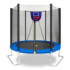 8FT High-Bounce Outdoor Trampoline for Families, Heavy-Duty Galvanized Steel Frame, Reinforced Polypropylene Mat, 4 L-Shaped Anti-Tipping Legs, Foam-Covered Poles with Protective Sleeves, Adjustable Basketball Hoop, Weather Resistant, High-Bounce Outdoor