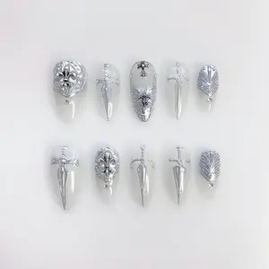 HelenNails - Silver 3D Chrome Gothic Press On Nails | Short Almond White Nails | Cross & Punk Sword Nails - HL276