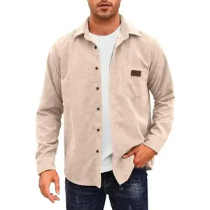 Lightweight  Down Jacket For Men Long Sleeve Work Shirts Shackets with Pocket Menswear Top Beige Plain Casual Biker