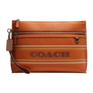 Coach Pebbled Leather Carry Pouch with Embossed Logo and Zipper Closure for Women