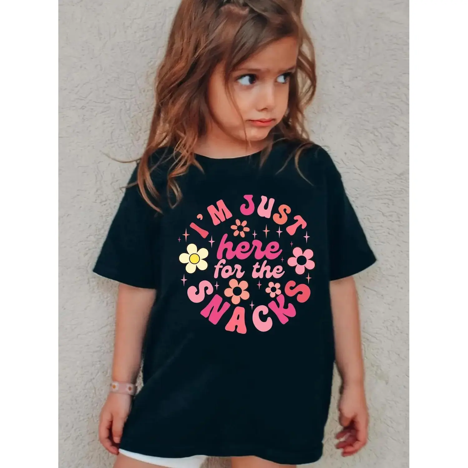 Cute Toddler Girl's "Im Just Here For The Snacks" Floral Print Round Neck Short Sleeve Tee Perfect for Summer Outdoor Play