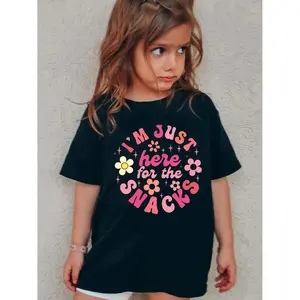 Cute Toddler Girl's "Im Just Here For The Snacks" Floral Print Round Neck Short Sleeve Tee Perfect for Summer Outdoor Play