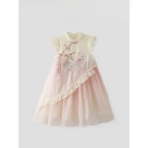 Girls' Summer New Style Chinese Improved Qipao  Gradient Embroidered Flutter-Sleeve Hanfu  Non-Stretch Fabric Casual Style Knee-High Length 49M1551656 dress