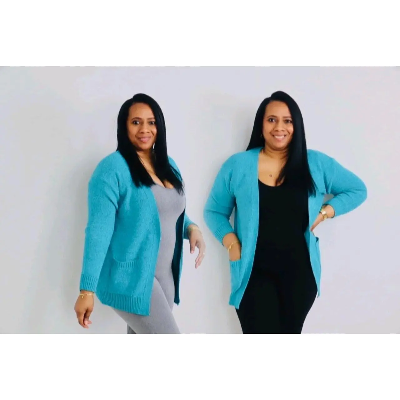 Lt Teal Plush Cardigan - Soft Knitwear with Pockets, Comfortable for Women, Medium Size, Ideal for Casual Wear