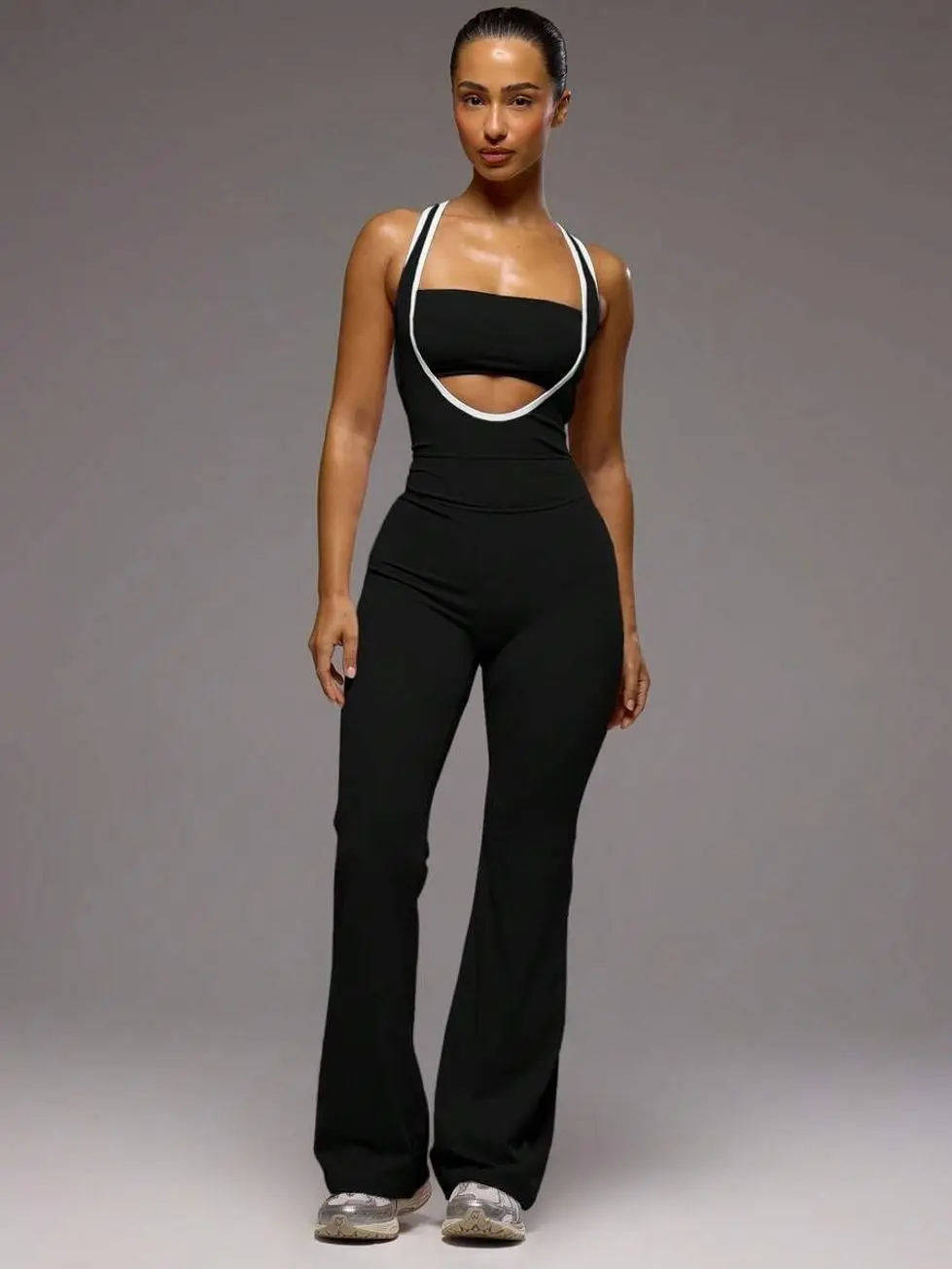 Women’s Black Cutout Flare Jumpsuit, Contrast Trim Layered Bandeau One Piece Workout Romper, Y2K Pilates Yoga Gym Activewear