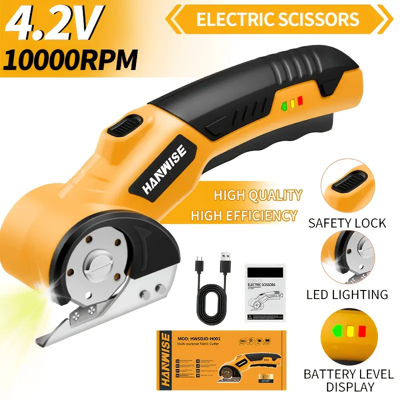 HANWISE Cordless Rotary Electric Scissors 4.2V Handheld Cordless Electric Scissors - Rechargeable Cutting Tool with Safety Lock, LED Lighting, Anti-Slip Handle for Cardboard, Home Fabric; Sewing Accessories and Supplies, Crafting Sewing Tools