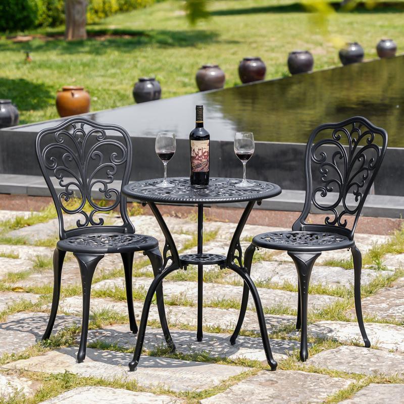 Withniture Cast Aluminum Patio Bistro Set 3 Piece Bistro Table and Chairs with Umbrella Hole for Garden Porch
