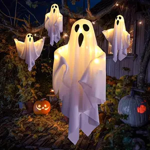 Glowing Ghost Spooky LED Halloween Lights, Indoor Outdoor Party Decorations, DIY Fashion Atmosphere, Battery Powered, Plastic Lampshade