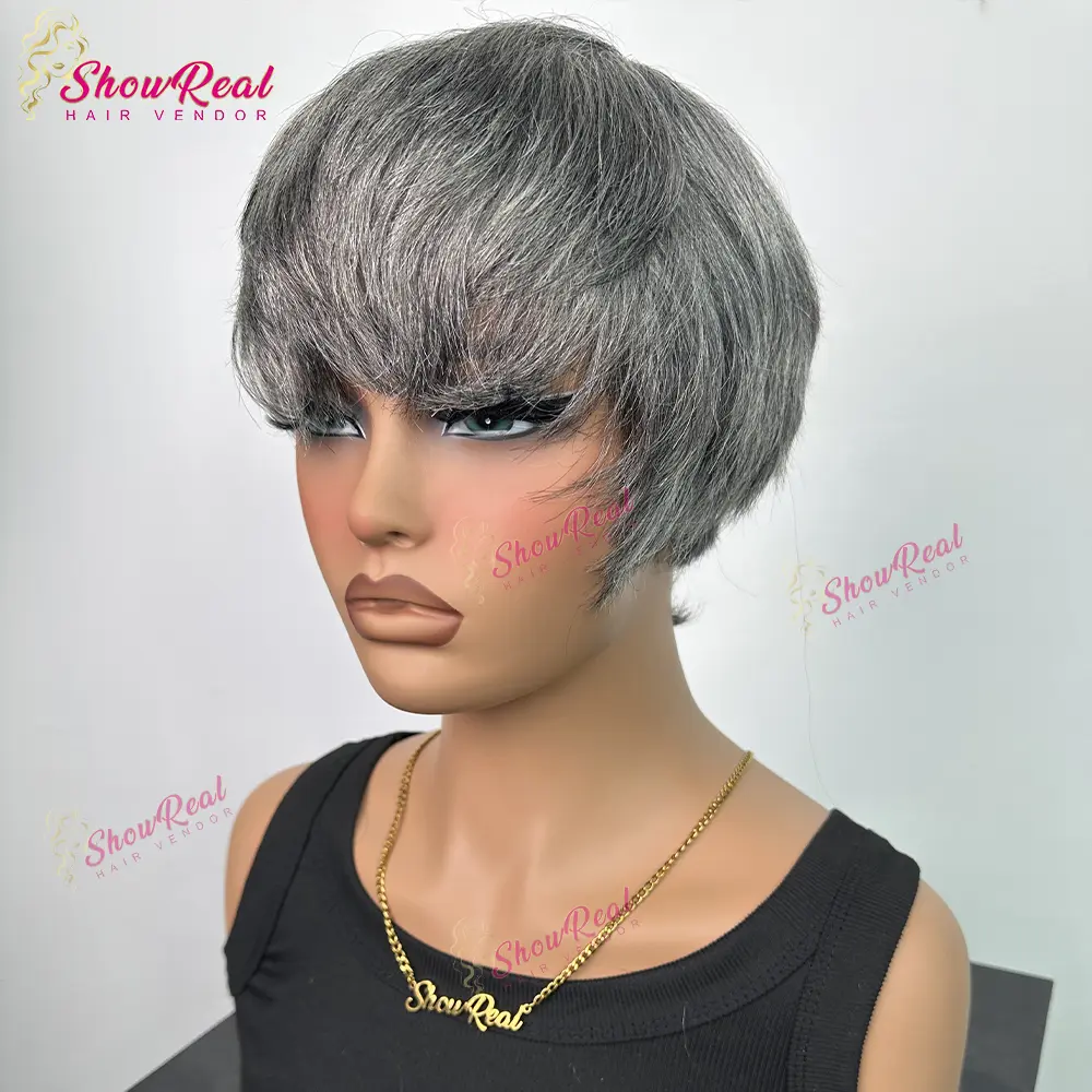 ShowrRealHair Grey Wigs Grey Pixie Cut Short Straight Pixie Cut Wig 025 Human Hair Wig for Women Human Hair Full Machine Wigs Glueless Wigs for Black Women