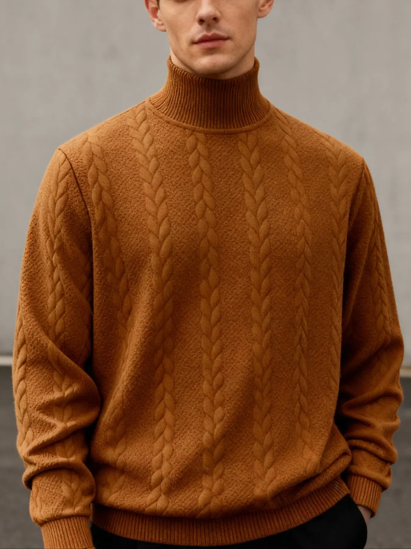 Men's Solid Color Half-High Neck Fitted Classic Sweatshirt, Long Sleeve Textured Jacquard Pullover, Casual Fashion Knitwear, Perfect for Outdoor & Daily Wear, Sweater, Tops, Textured Knitted