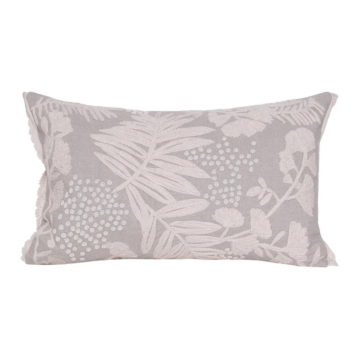 16x24 in. Single 2-Tone Linen Fabric Rectangular Decorative Indoor Pillow, Natural & Ivory Botanical Print, Embroidered Detail, Zippered Design, 360 Stand, Back-Friendly Standard Pillow for Cozy Corner, Living Room, Embroidery