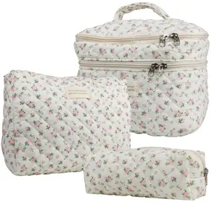 Large Capacity Dual Layer Cotton Makeup Cosmetic Bag (3PCS), Cute Quilted Travel Coquette Aesthetic Floral Make up Bag for Women Toiletry Bag