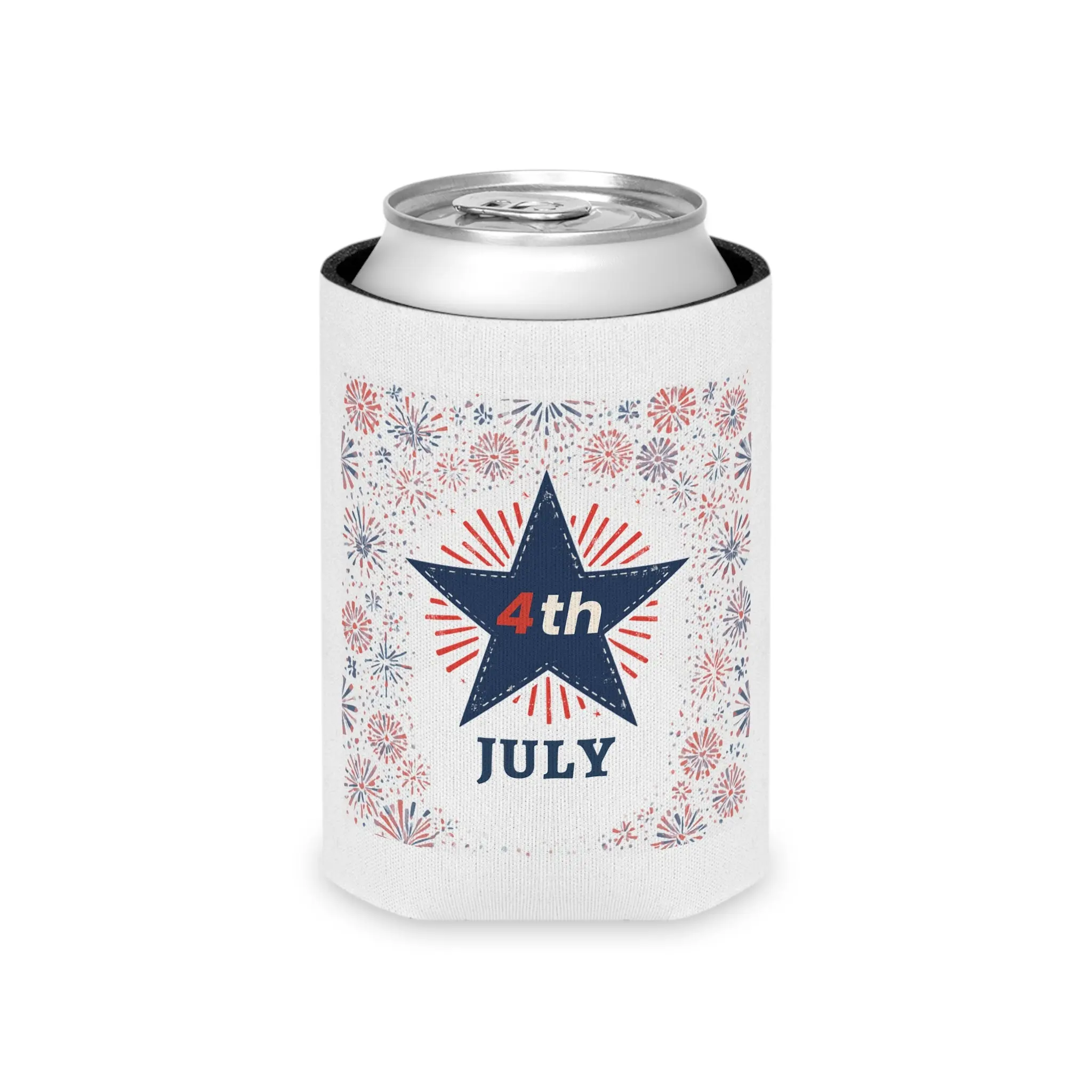 4th of July Can Cooler - Patriotic Star Fireworks Beer Koozie