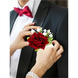 Red Rose Corsage and Boutonniere Set, Artificial Wedding Flowers for Men & Women, Elegant Floral Wristlet & Lapel Pin, Perfect for Wedding, Prom, Party, Special Events, Gift Set