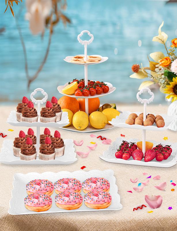 ZUMELER White Plastic 6Pcs Cupcake Stand Set with 3Tier & 2Tier Design for Kitchen Use, Ideal for Weddings, Baby Showers, and Tea Party Organizers Round Rectangle