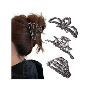 3PCS Hair Claws Set Black Spider Web Skeleton Hand Skull Hair Claw Clips for Women And Girls, Hiphop Metal Large Medium Size for Thick Thin Hair, Headband Barrette for styling Hair Accessories Party Gift (Black Gun) Durable Unique Design